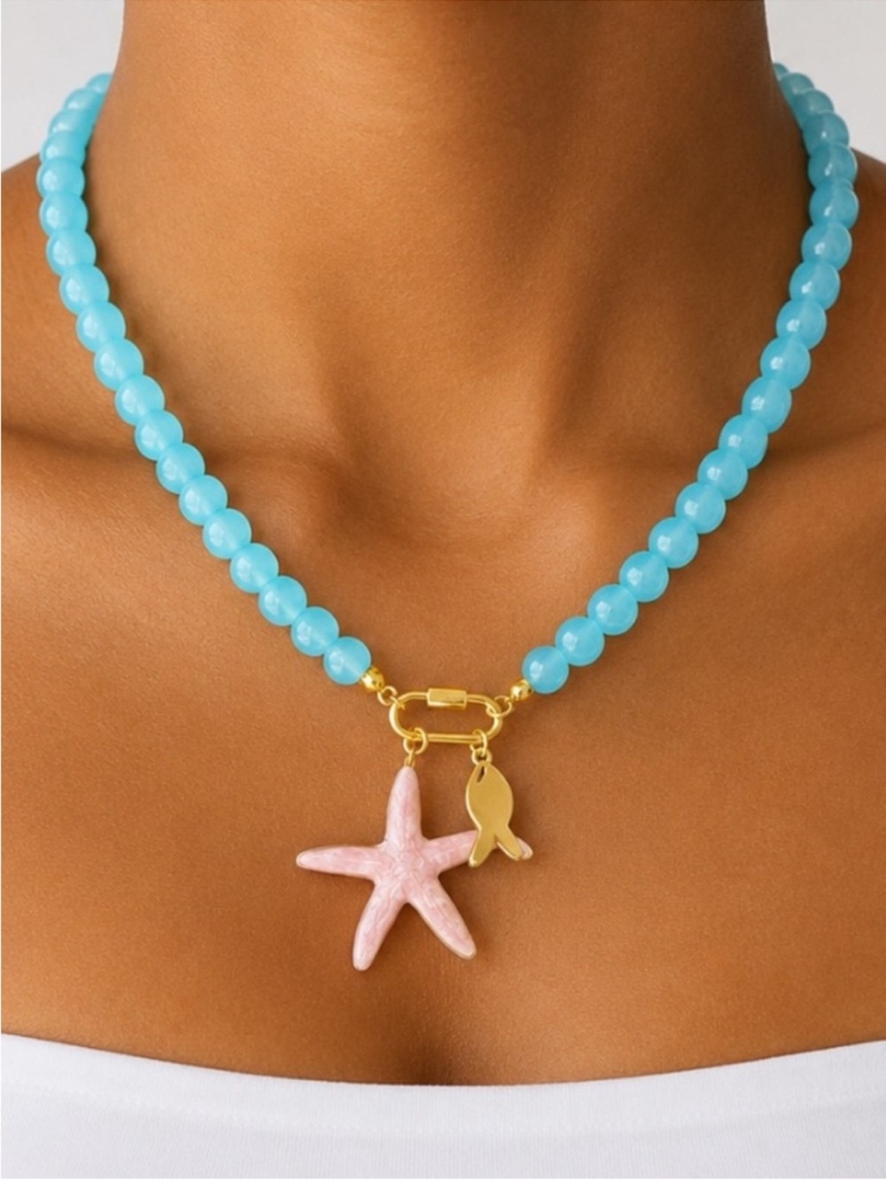 New! Coastal Blue Beaded Pink Starfish Carabiner Dopamine Necklace NWOT